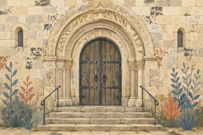Old Stone Church Arched Wooden Door