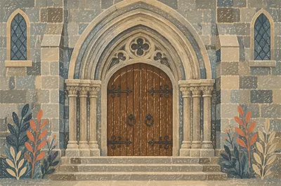 Old Stone Church Arched Wooden Door