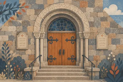 Old Stone Church Arched Wooden Door