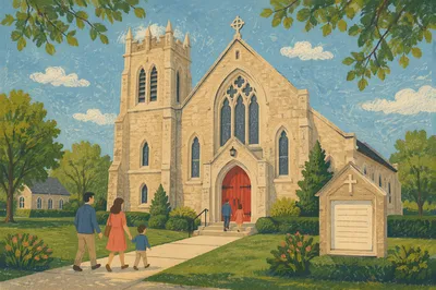 Historic Stone Church with Red Arched Door