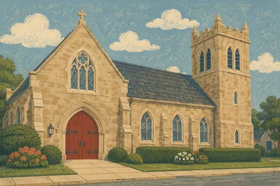 Old Stone Church with Red Arched Door