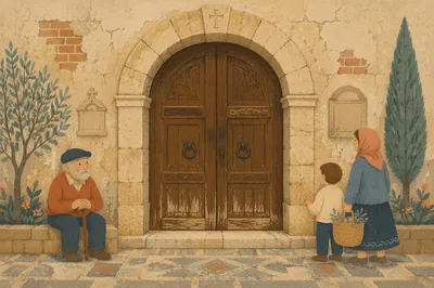 Old Arched Church Door in Stone Facade