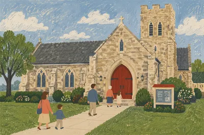 Old Stone Church with Red Arched Door