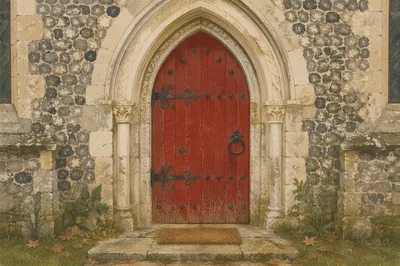Old Arched Red Church Door Entrance
