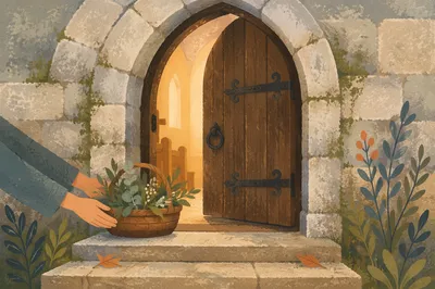Open Arched Church Door at Dawn