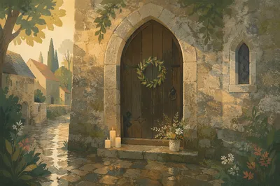 Old Arched Church Door in Morning Light