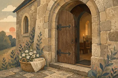 Arched Stone Church Door at Dawn