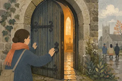 Welcoming Arched Door of Old Stone Church