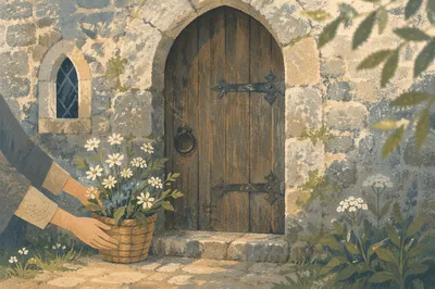 Old Arched Church Door with Wildflowers