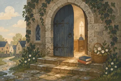 Old Arched Church Door in Morning Light