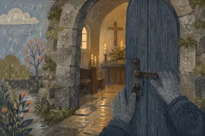 Welcoming Arched Door of Old Stone Church