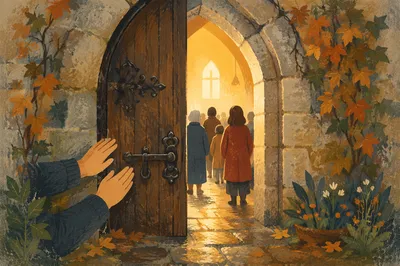 Old Arched Church Door in Morning Light