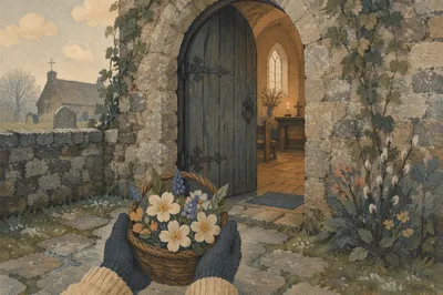 Old Arched Church Door with Flowers