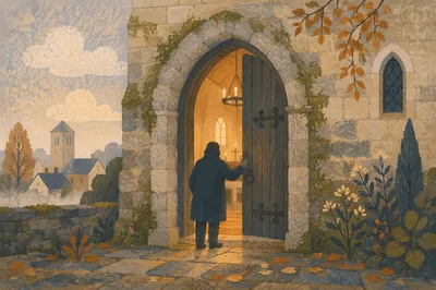 Old Arched Church Door at Morning