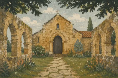 Weathered Arched Door of Old Stone Chapel