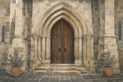 Old Stone Church Door with Gothic Arch
