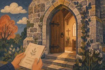 Old Arched Church Door in Morning Light