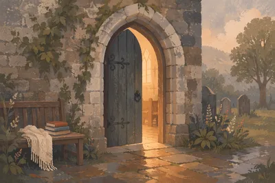 Welcoming Arched Door of an Old Stone Church