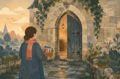 Old Arched Stone Church Door at Dawn
