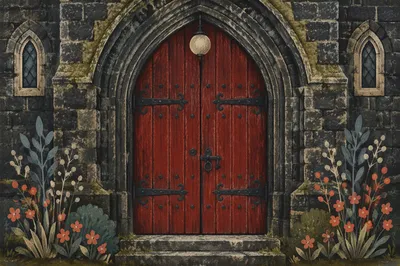 Crimson Arched Door of Old Stone Chapel