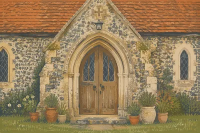Old Stone Church Arched Wooden Door