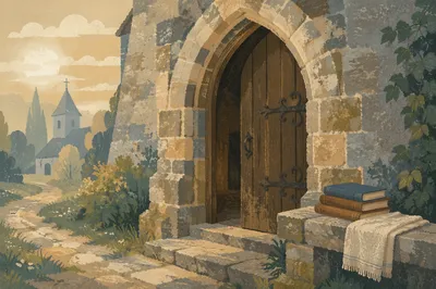 Old Arched Church Door at Dawn