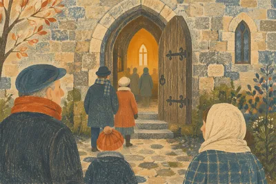 Ancient Arched Church Doorway at Dawn
