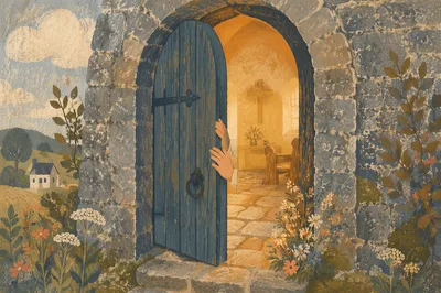 Old Arched Church Door at Morning