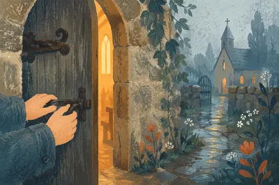 Old Arched Chapel Door in Morning Fog