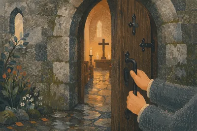 Welcoming Arched Door of Old Stone Church