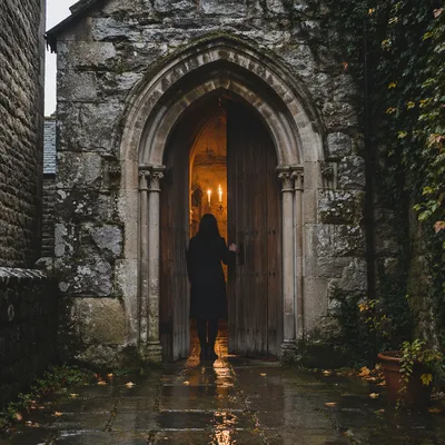 Old Arched Church Door in Morning Rain