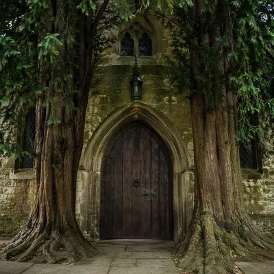 Old Stone Chapel Arched Wooden Door