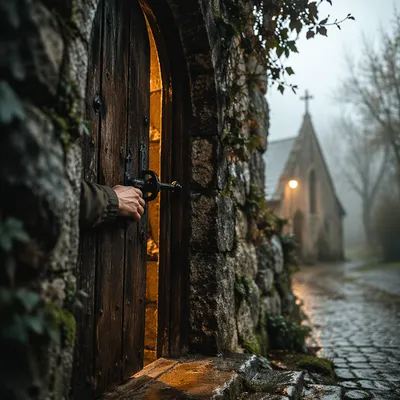 Old Arched Chapel Door in Morning Mist