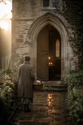 Old Arched Stone Church Door at Dawn
