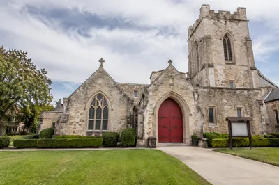 Old Stone Church with Red Arched Door