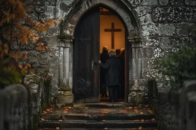 Rainy Morning at an Arched Church Door