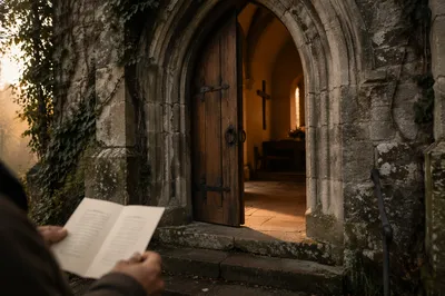 Old Arched Church Door at Morning Worship