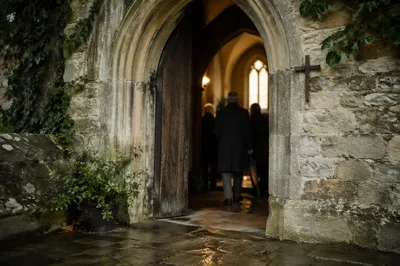 Old Arched Stone Church Doorway at Morning