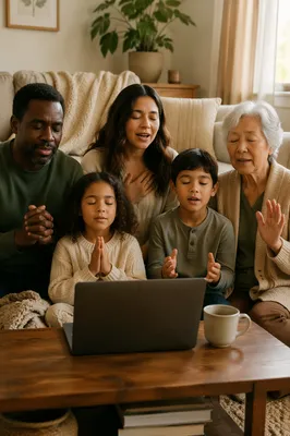 Family Online Worship in Cozy Living Room