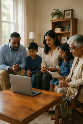 Family Online Worship in Cozy Living Room