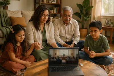 Family Watching Online Church in Living Room