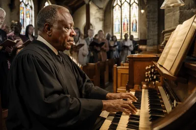 Organ Player in Traditional Church Interior