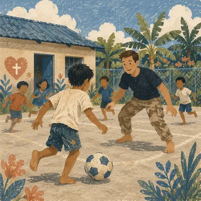 Mission Volunteer Playing Soccer With Orphanage Children