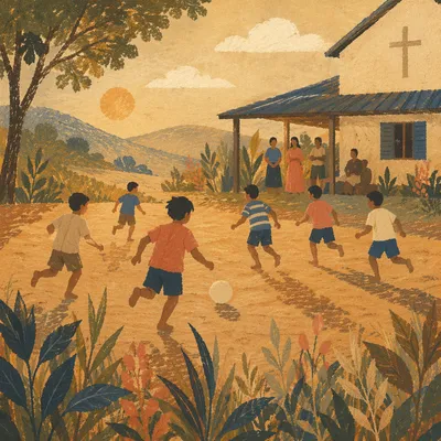 Children Playing Soccer Near Mission Chapel