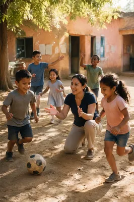 Children Playing with Volunteer in Courtyard