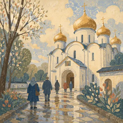 Golden Domes Orthodox Church After Rain