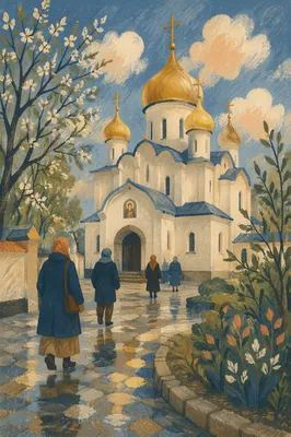Orthodox Church with Golden Domes After Rain