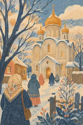 Snowy Orthodox Church with Golden Domes