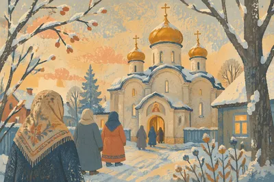 Snowy Orthodox Church with Golden Domes