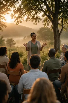 Outdoor Worship Gathering in Meadow Sunrise
